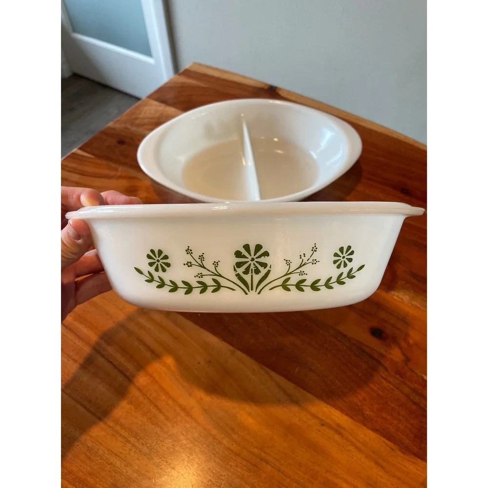 Vintage Glasbake Milk Glass Green Daisy Casserole & Divided Dish Set 2pc J2352